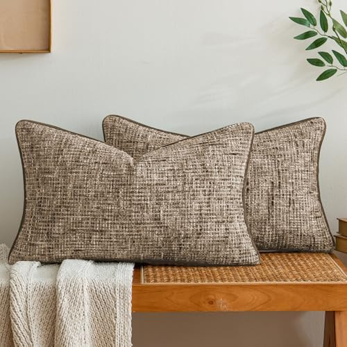 Brown Reversible Pillow Covers 2 Pack - Farmhouse Chenille Throw Pillows, Neutral Textured Decora... | Amazon (US)