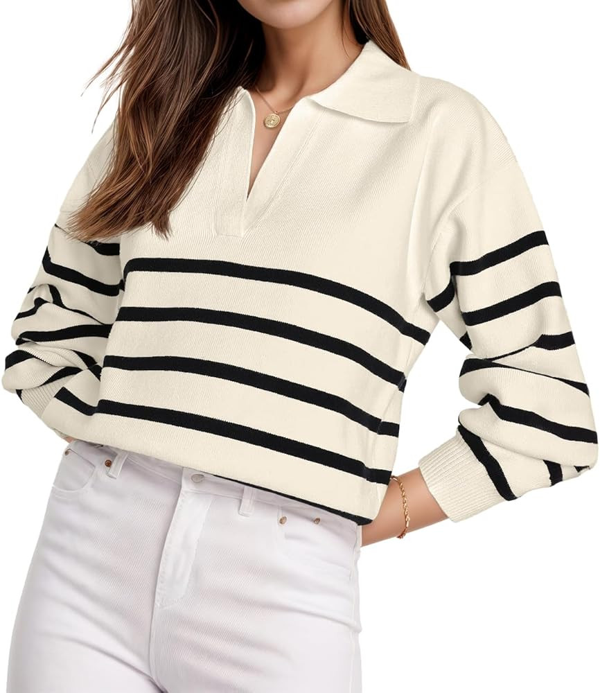GRECERELLE 2024 Sweaters for Women Trendy Long Sleeve V Neck Striped Sweater Women Winter Chunky ... | Amazon (US)