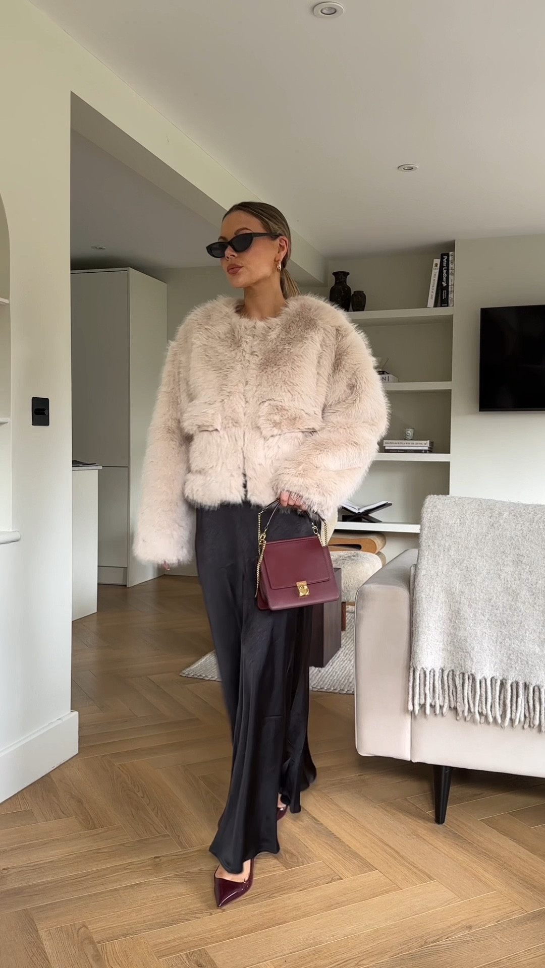 Dressy outfit, evening look, evening outfit, maxi dress, fluffy coat, faux fur coat, light pink fluffy coat, cherry red details, cherry red heels, cherry red handbag, cat eye sunglasses, chic outfit, 4th and reckless coat, 4th & reckless maxi dress, polene Paris bag, mango heels, mango mules, mango sling backs 



#LTKeurope #LTKautumn #LTKuk