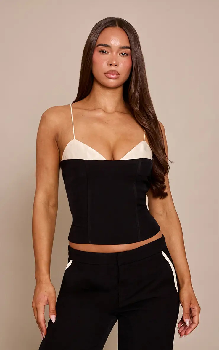 Black Woven Tailored Satin Contrast Bust Cami Top Co-ord | PrettyLittleThing USA | PrettyLittleThing US