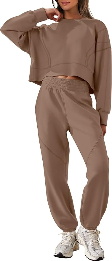 ANRABESS Womens 2 Piece Outfits Lounge Sets Cropped Sweatshirt & Joggers Fashion Sweatsuit Sweat ... | Amazon (US)