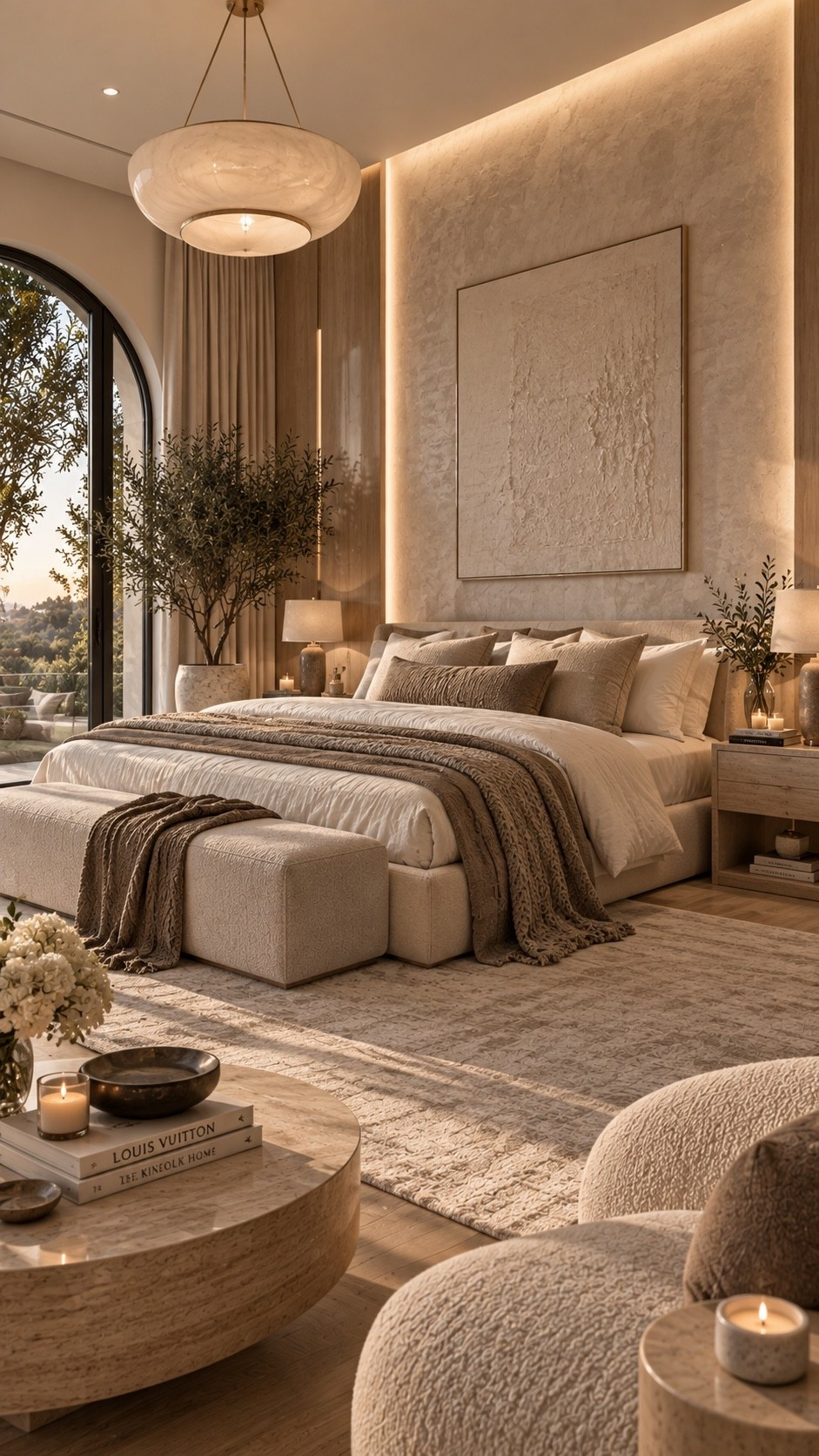 Shop This Room — link below. Recreate this warm, cozy bedroom with an upholstered neutral bed, layered taupe bedding, soft bouclé seating and sculptural lighting. Natural wood accents, oversized greenery, textured rugs and warm ambient lighting create a serene hotel-inspired space with an elevated organic-modern feel.

#BedroomInspo #LuxuryBedroom #ModernBedroom #BedroomDecor #NeutralBedroom #OrganicModern #WarmModern #QuietLuxury #LuxuryInteriors #CozyBedroom #HotelInspiredBedroom #InteriorDesign #HomeDecor #LuxuryHome #BedroomIdeas #NeutralHome #DesignerBedroom #WarmMinimalism #InteriorInspo #HomeInspiration #LTKHome #LTKFinds #HomeFinds #BedroomFinds #LuxuryDecor