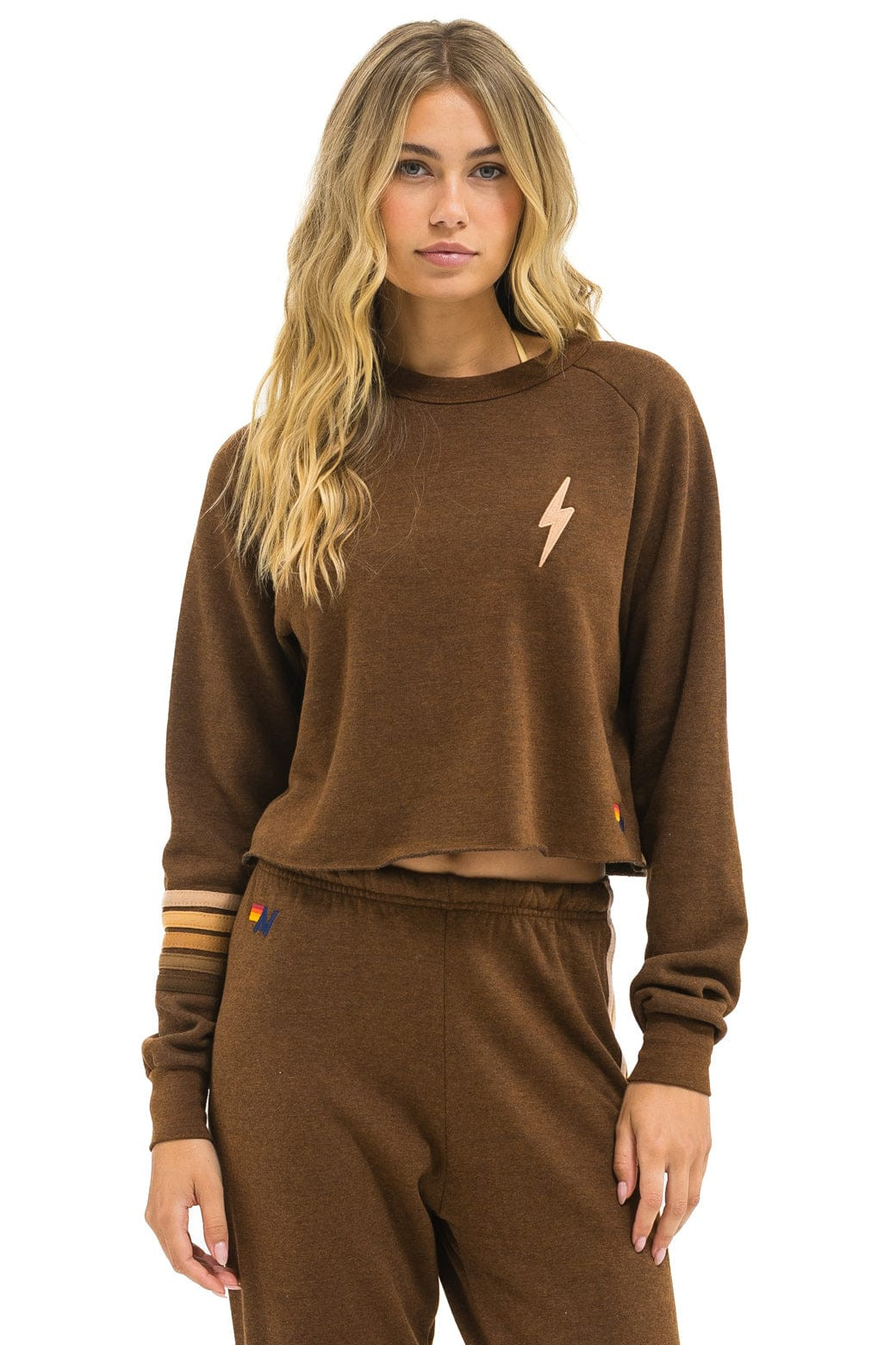 BOLT RUGBY STITCH CROPPED CREW SWEATSHIRT - CHOCOLATE // ESPRESSO | Aviator Nation
