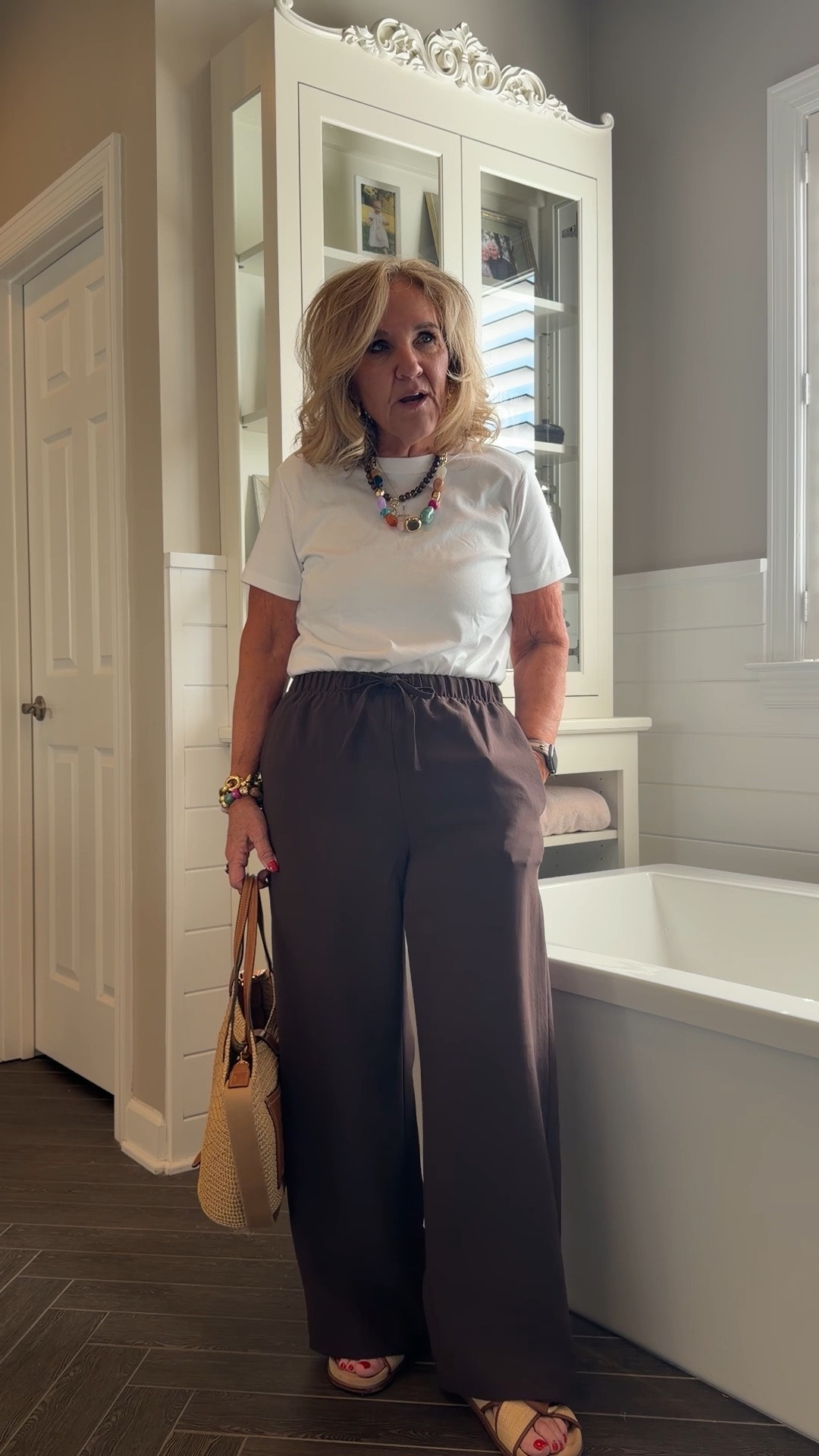 The viral travel pants work great in Summer! Wearing a medium regular length and I had them hemmed. 
White tee this is the Uniqlo size medium 
Mix of Walmart and bauble bar jewelry. Yes we can mix it!
Business casual 
Bag 10% off with code NANETTE 

#LTKOver40 #LTKootd #LTKgrwm

#LTKWorkwear