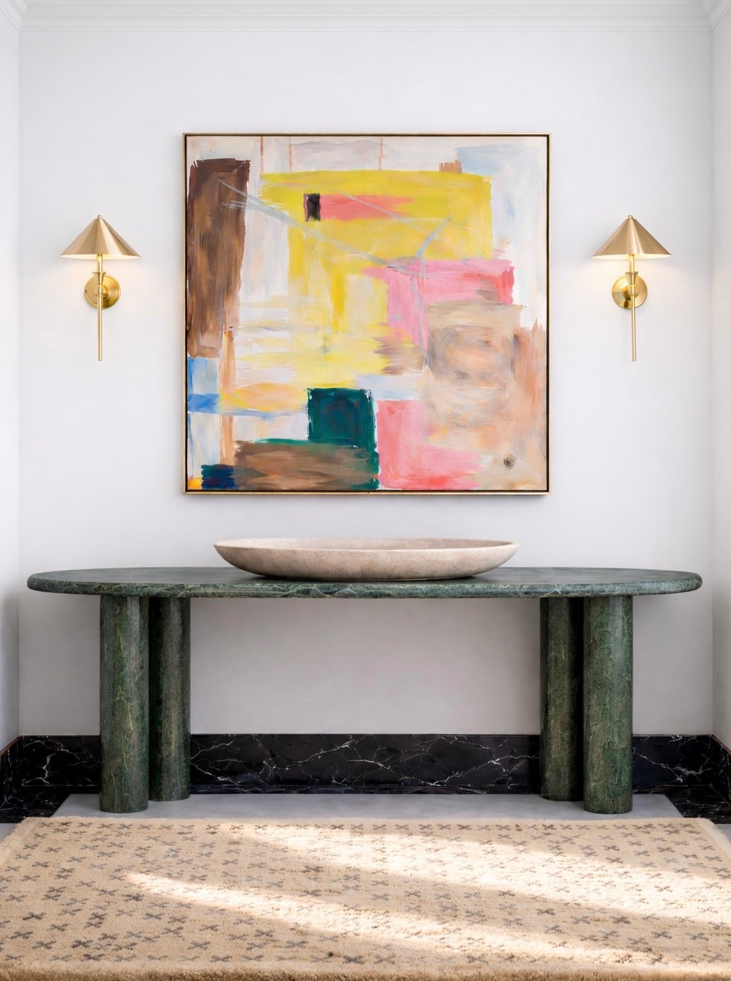 
New week, new entry mood.

The  green marble console keeps the space sleek and architectural — proportion is everything.
An organic bowl sits perfectly within the narrow depth, sculptural yet restrained.

The runner brings in that chic foundation — softening the marble and grounding the entire moment.

And the abstract artwork?
That pop of color is what makes the space feel alive. It adds movement, energy, and personality without overpowering the calm palette.

Stone. Texture. Color.
Layered intentionally.

#entrywaystyle #greenmarble #abstractart #organicbowl #chicrunner #modernentry #quietluxury #interiordesign #curatedhome #designlayers

#LTKHome #LTKdayinmylife #LTKSaleAlert