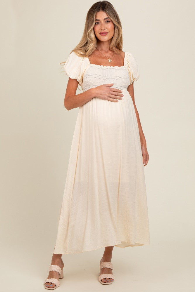 Cream Smocked Puff Sleeve Maternity Maxi Dress | PinkBlush Maternity