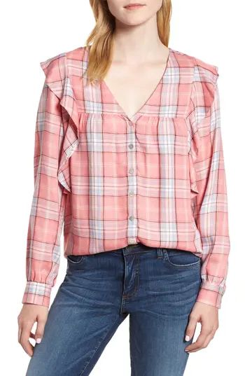 Women's Bobeau Ruffled Plaid Shirt, Size X-Small - Pink | Nordstrom