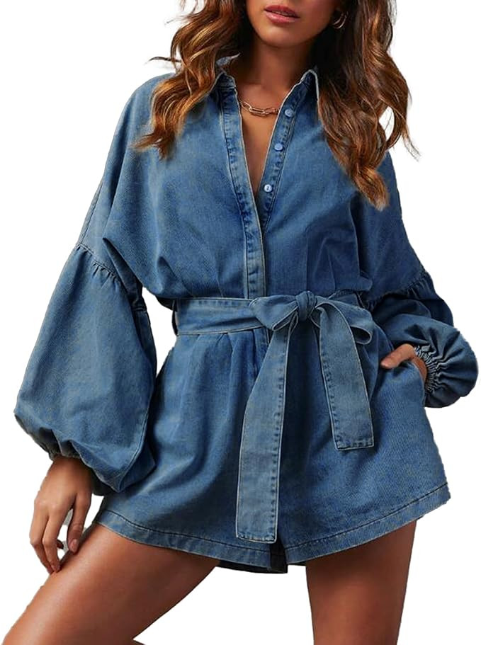 Women's Casual Denim Romper Belted Lantern Sleeve Jean Jumpsuits with Pockets | Amazon (US)