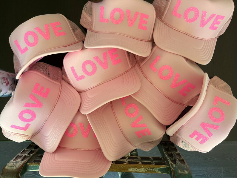 LOVE trucker hat on light pink hat. | Etsy (US)