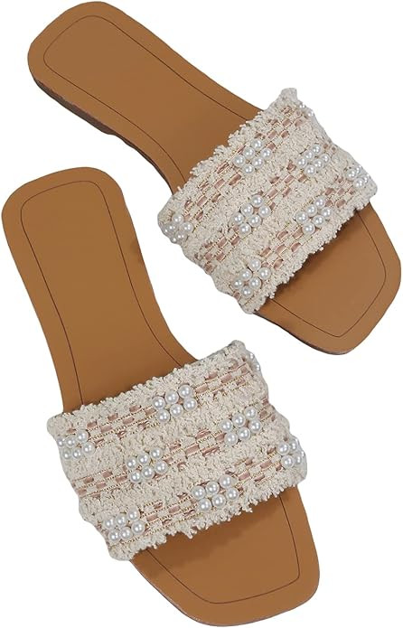 GORGLITTER Women's Summer Beach Flat Cute Sandals 2025 Color Block Faux Pearls Decor Leather Flat... | Amazon (US)