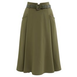 Front Pockets Belted Midi Skirt in Army Green | Chicwish