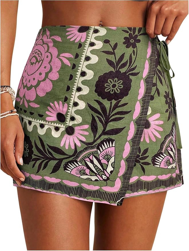 RoseSeek Women's Floral Graphic Skirt Shorts Drawstring Waist Tropical Boho Wrap Skorts | Amazon (US)