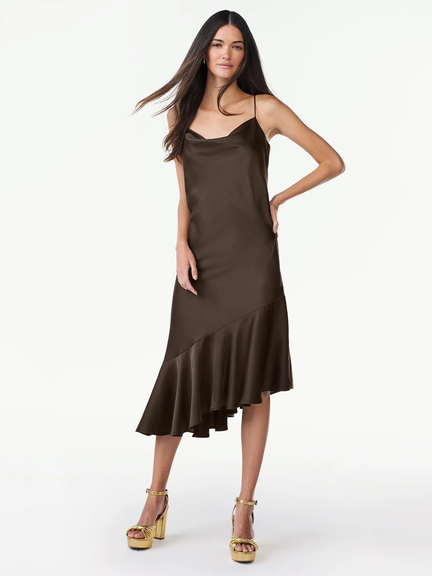 Scoop Women’s Asymmetrical Satin Ruffle Cami Dress, Sizes XS-XXL - Walmart.com | Walmart (US)