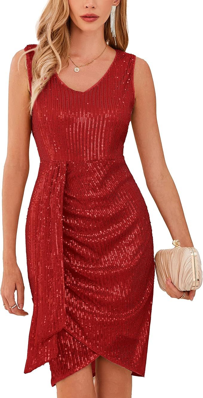 GRACE KARIN Women's 2023 Sparkly Sequin Midi Dress Sexy Sleeveless V Neck Sexy Club Party Cocktai... | Amazon (US)