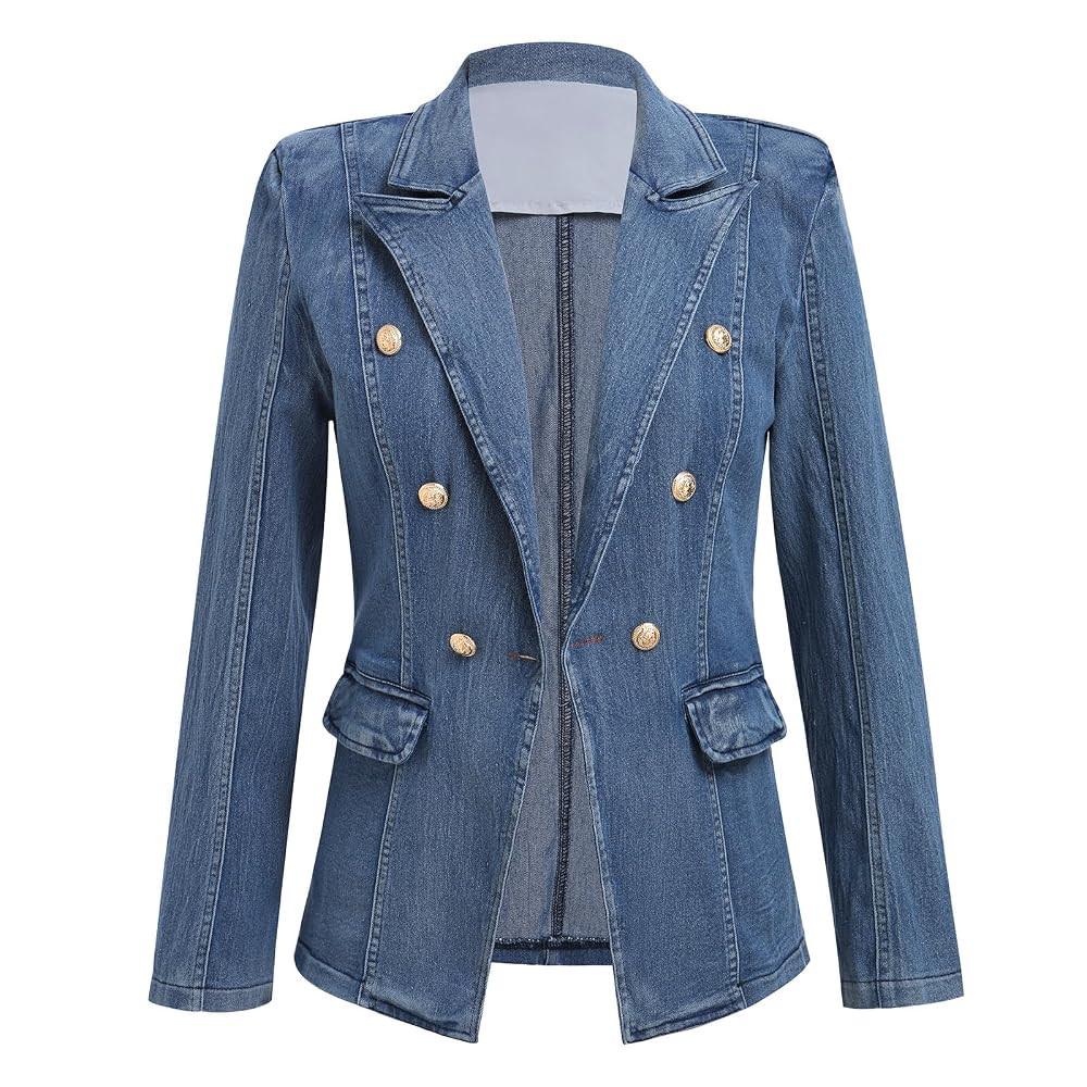 Denim Blazer Suit for Women Notch Collar One Button Office Lady Business Work Outfits Lapel Fall ... | Amazon (US)