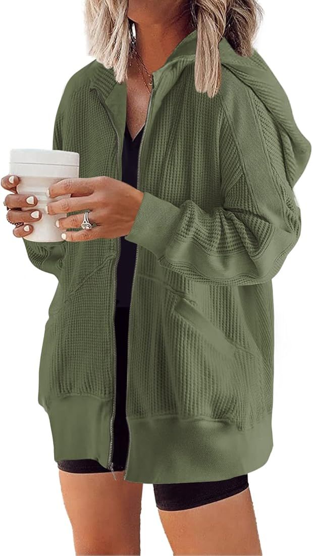 Yanekop Womens Waffle Knit Jacket Oversized Fall Jacket Zip Up Hoodie With Pocket Shacket Tops | Amazon (US)