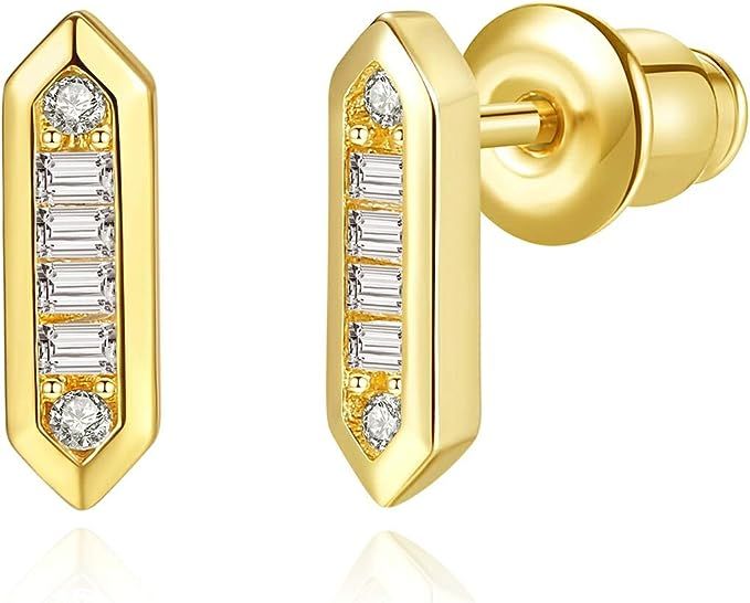 14K Gold Plated Cubic Zirconia Small Stud Earrings - Mini Bar/Baguette Cut/Round Cut CZ Earrings ... | Amazon (US)