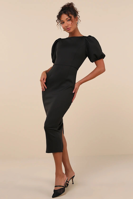 Simply Beloved Black Puff Sleeve Bodycon Midi Dress | Lulus