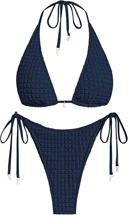 ZAFUL Women's Triangle Bikini Multiway Fishnet Tie Side Bandeau Halter String Bikini Set Two Piec... | Amazon (US)
