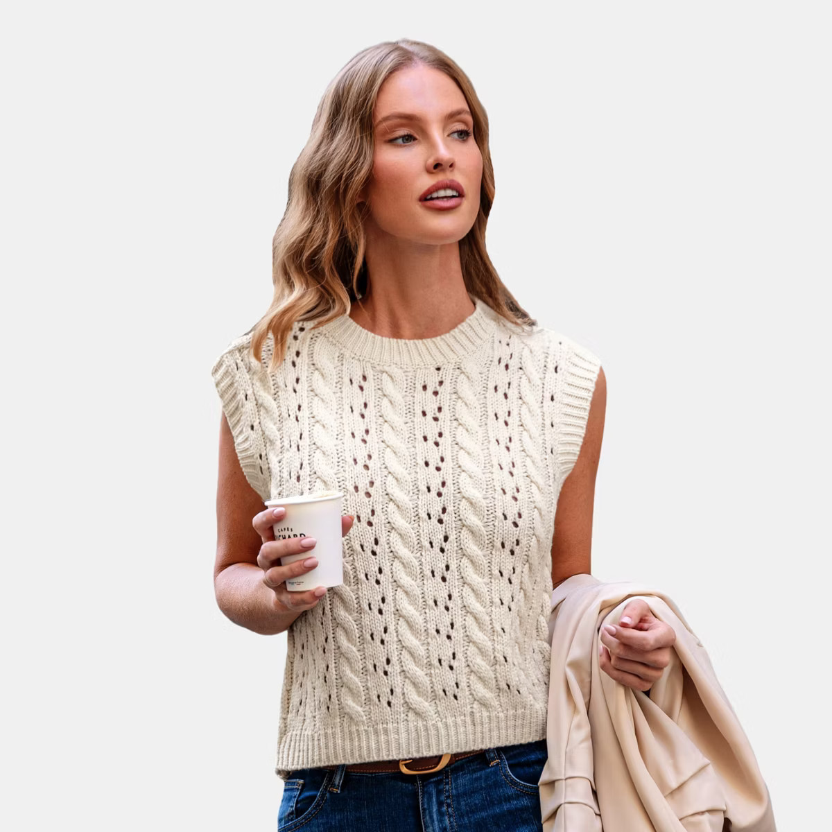 Women's Beige Fall Sleeveless Cable Knit Sweater Vest - Cupshe | Target