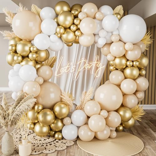 ADOINBY Sand White and Gold Balloon Arch Kit, 171Pcs White Nude Neutral Beige Metallic Gold Different Size Balloons for Boho Wedding Baby Bridal Shower Engagement Birthday Party Decorations Backdrop | Amazon (US)