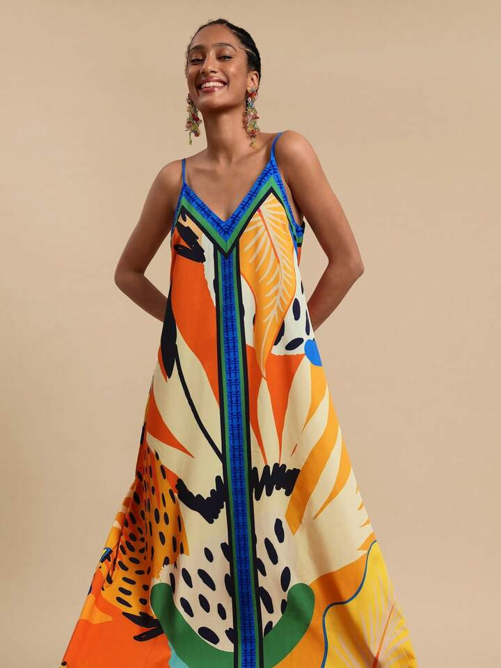 Travachic Women's V-Neck Asymmetrical Hem Placement Print Vacation Dress, Sun Dress,Suitable For Holiday , Afternoon Tea, Wedding Season, Beach Cruise Vacation, City Road Trip Vacation, Boho Vacation, Music Festival ,Elegrant Dress For Women | SHEIN