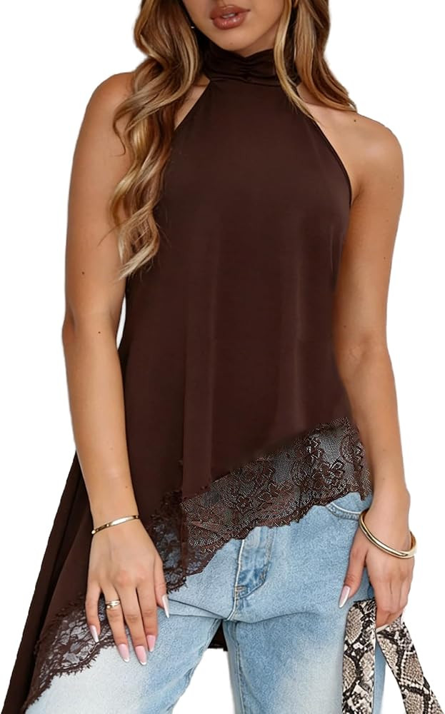 Women's Halter Neck Satin Top Lace Asymmetrical Hem Going Out Tank Tops Flowy Y2K Top Date Night ... | Amazon (US)