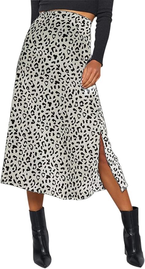 LYANER Women's Casual Print Side Split High Waist Zipper Midi Skirt | Amazon (US)