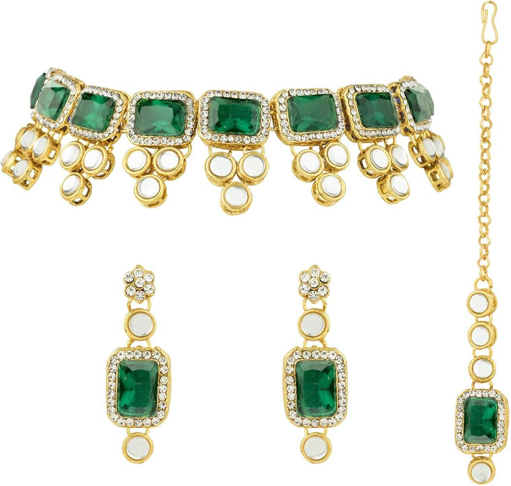 Aheli Ethnic Faux Kundan Necklace Earrings Maang Tikka Indian Bollywood Jewellery Set Gift for Wo... | Amazon (US)