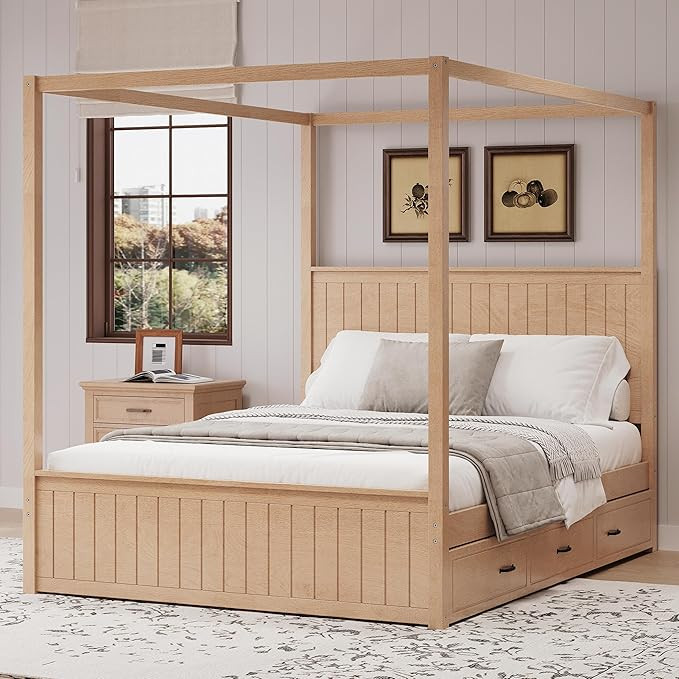 Canopy Platform Bed Frame Queen Size, Solid Wood 4 Post Bed with Headboard, Trundle and 3 Storage... | Amazon (US)