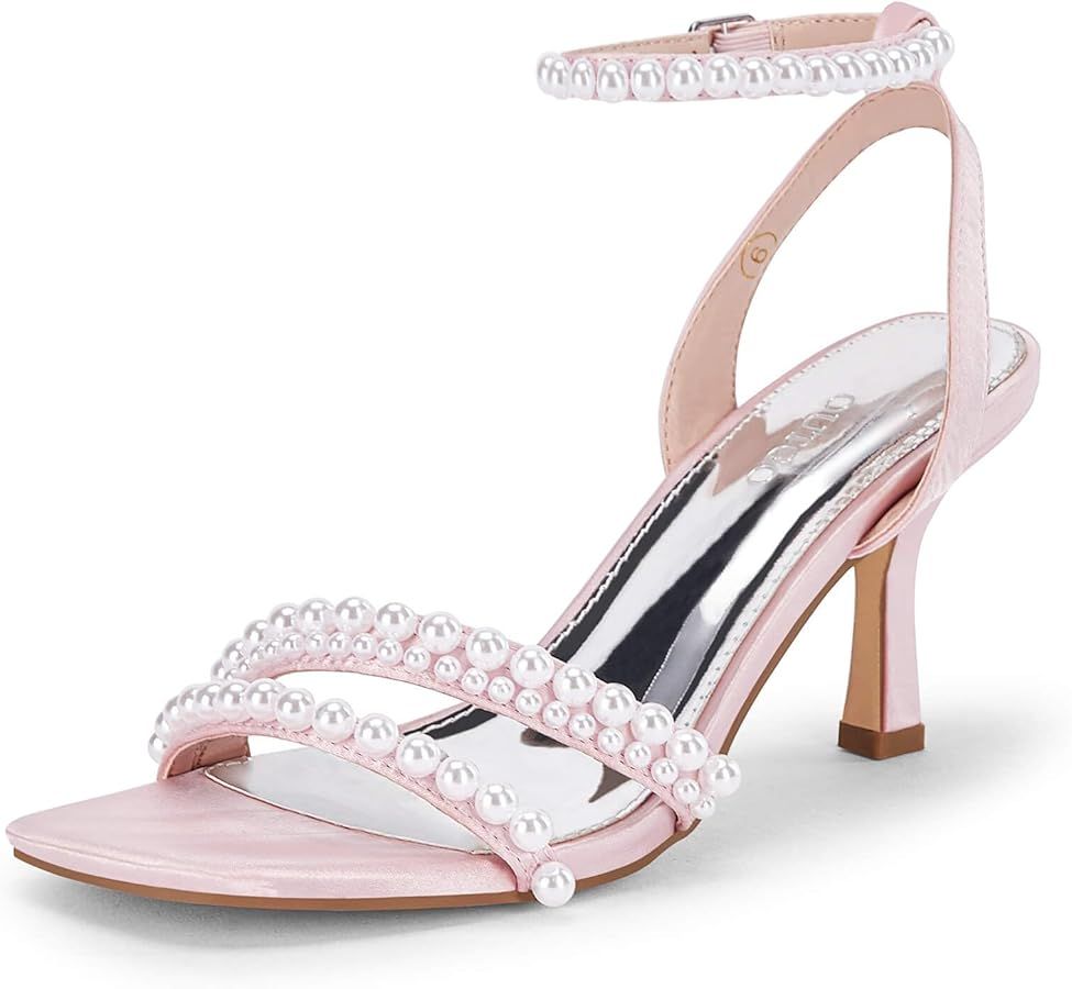 Coutgo Womens Pearl Kitten Heels Sandals Square Open Toe Dress Sandals Ankle Strap Satin Wedding ... | Amazon (US)