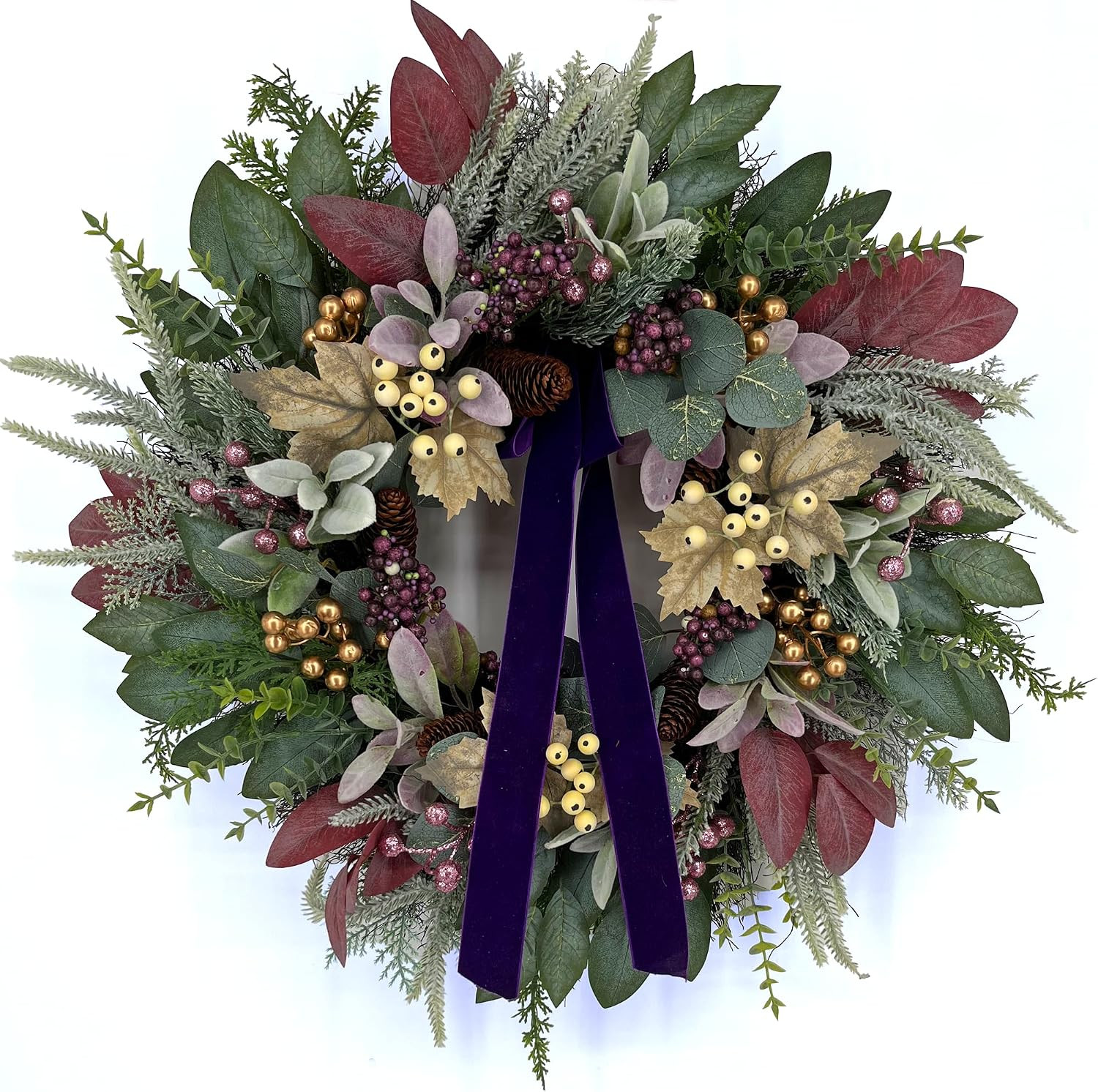 24" Winter Wreath with Velvet Ribbon, Frosted Pine & Gold Berry | Amazon (US)
