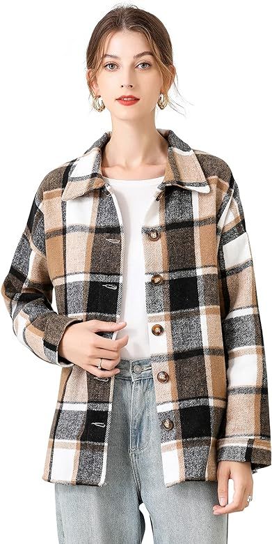 TWOWYHI Shacket Jacket Women Oversized Casual Wool Blend Button Down Long Sleeve Loose Plaid Shir... | Amazon (US)