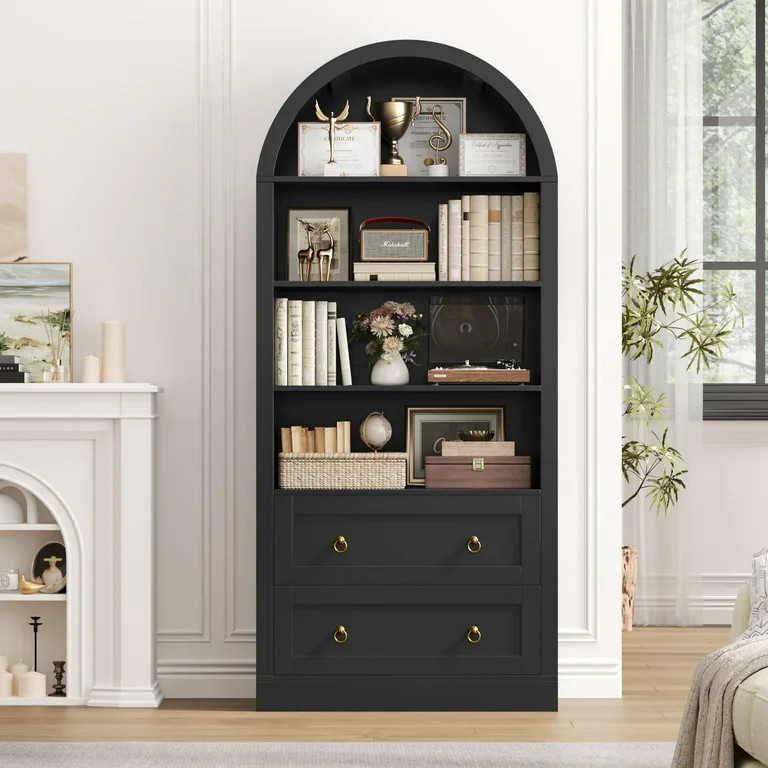 Hiphuta 70"Tall Arched Bookcase, 4-Tier Bookshelves with 2 Large Drawers, Wooden Display Shelf wi... | Walmart (US)