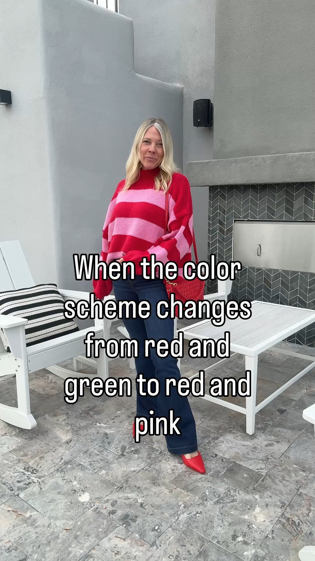 Size small sweater and small Petite flare jean. Red flats run true to size 

#LTKdayinmylife #LTKOver40 #LTKootd