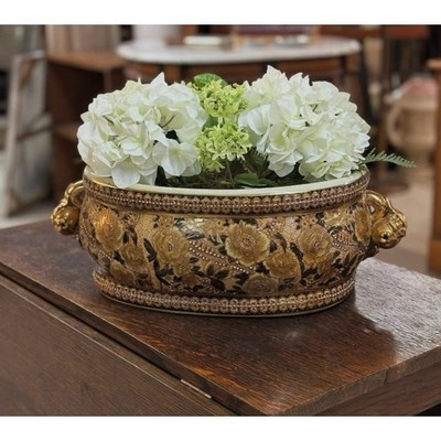 Vintage porcelain gold & black floral foot bath planter jardiniere fruit handles | eBay US