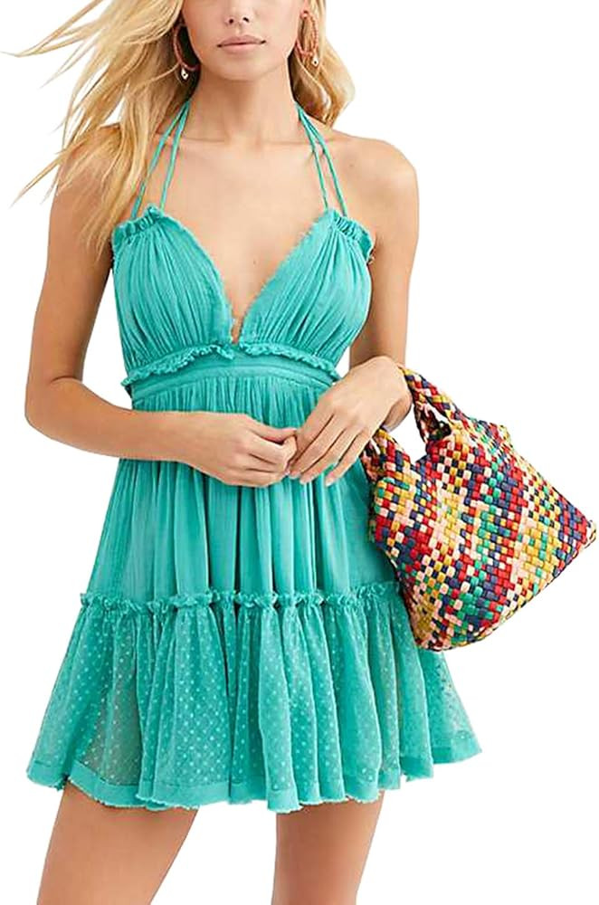 R.Vivimos Womens Summer Halter Deep V Neck Sexy Patchwork Mini Short Dresses | Amazon (US)