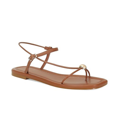XBKXMK Brown Strappy Flat Sandals for Women Comfortable Open Square Toe Slingback Sandals Dressy Beach Thong Flip Flop Slides Sandals | Amazon (US)