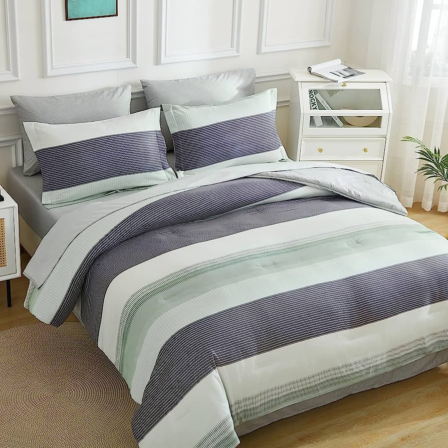 EMME Queen Comforter Set Bed in A Bag 7 Piece, Sage Green Stripe Microfiber Bedding Comforter wit... | Amazon (US)