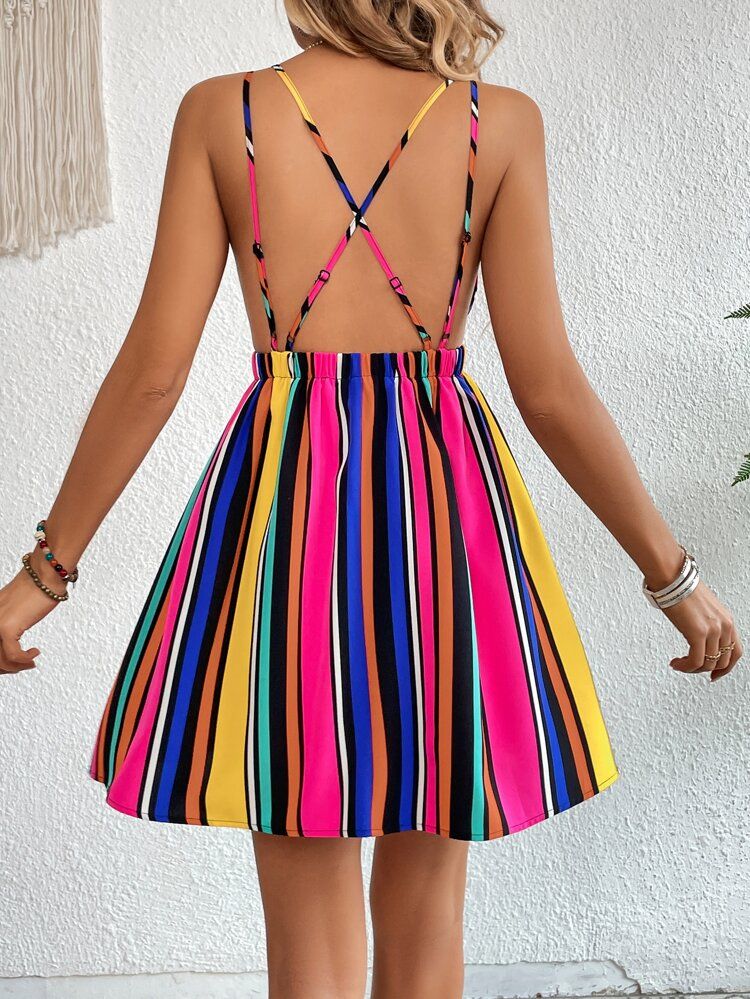SHEIN VCAY Rainbow Striped Print Crisscross Backless Cami Dress
       
              
          ... | SHEIN