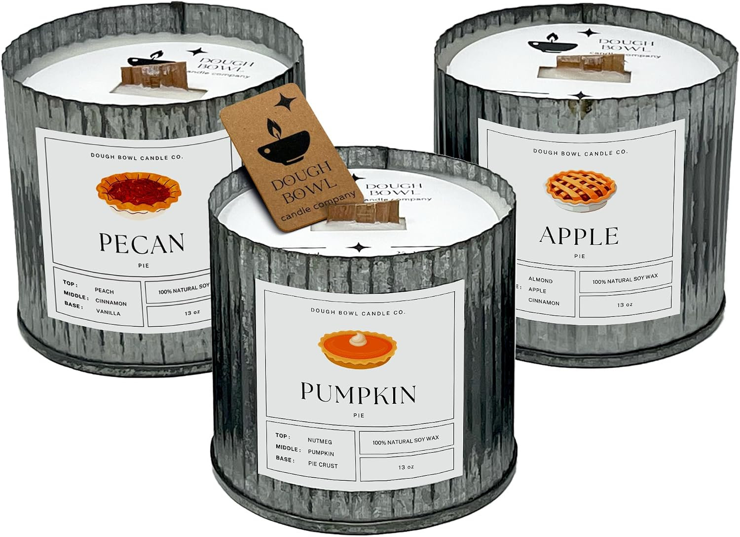Dough Bowl Candle Co. Coffee Candle - Set of 3 Corrugated Metal Tin Set with Essential Oils in Apple Pie, Pumpkin and Pecan Pie, 100% Soy Wax, 80 Hour Burn, Reusable Decor | Amazon (US)