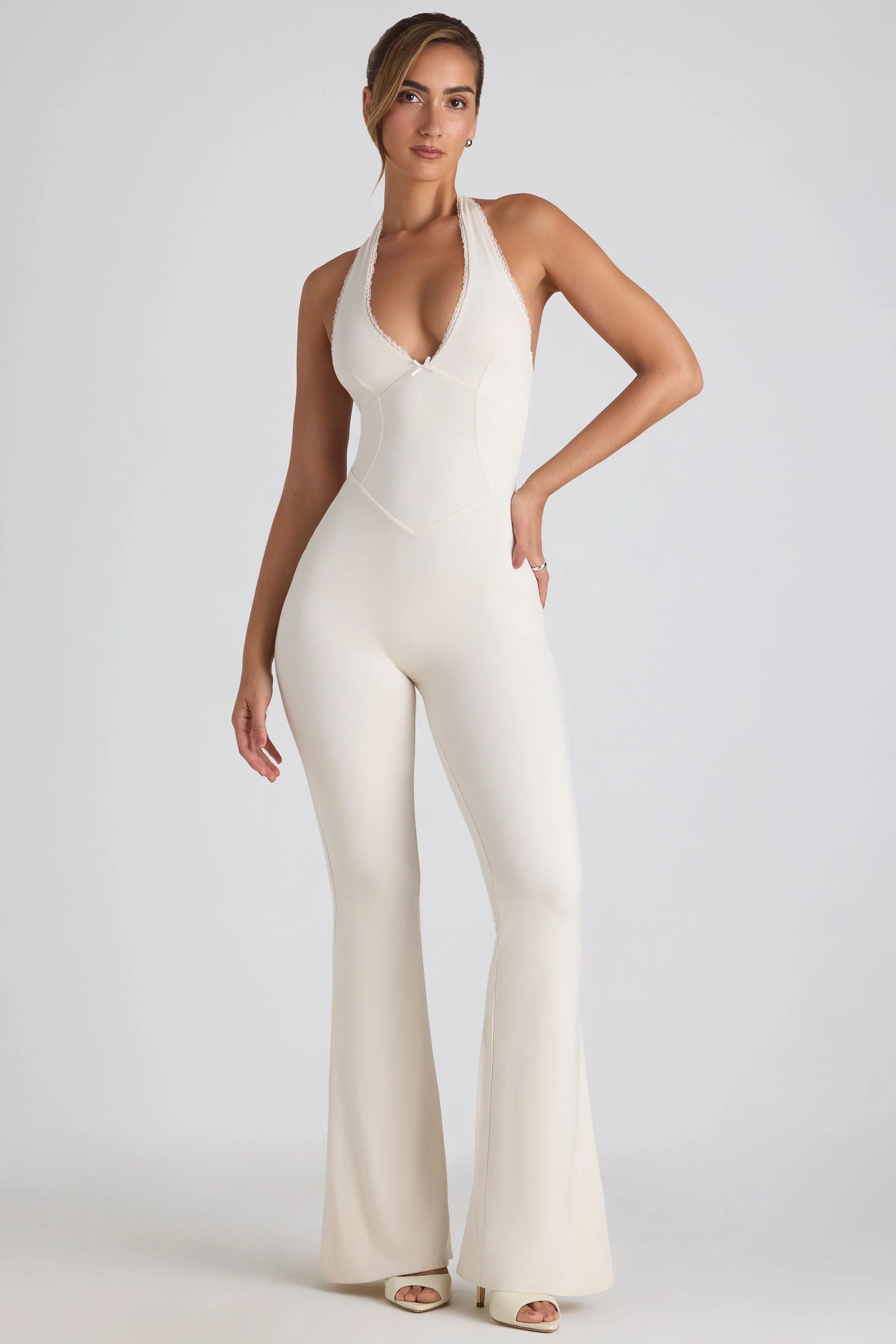 Modal Lace-Trim Cut-Out Flared Jumpsuit in Ivory | Oh Polly
