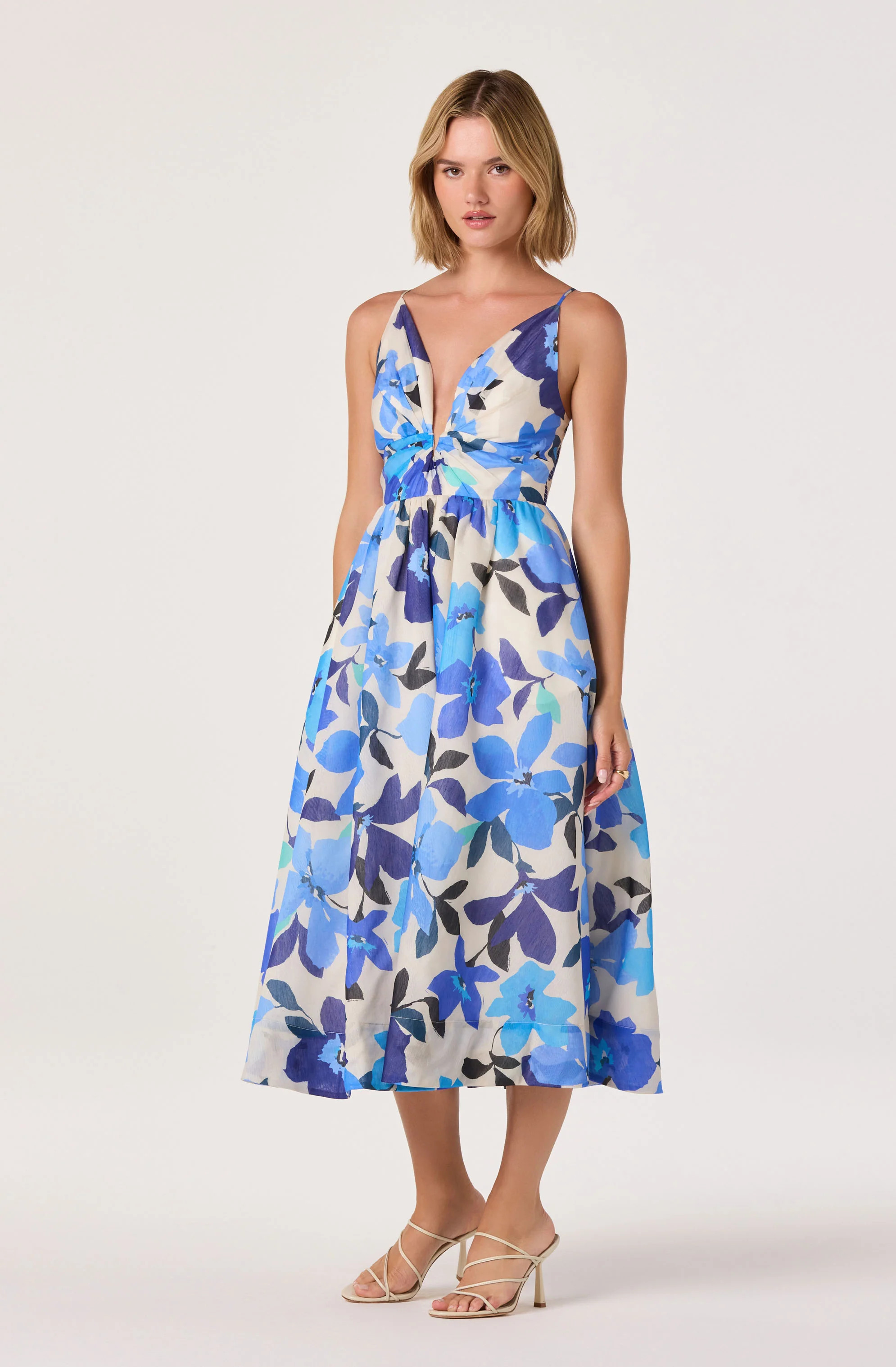 ASTR the Label | Janna Floral Plunge Midi Dress in Pink ivory floral | Size L | ASTR The Label (US)