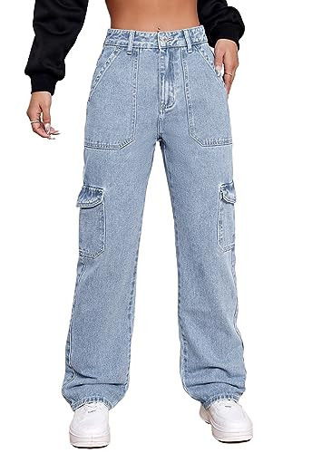 Metietila Women's High Waisted Cargo Jeans Stretch Wide Leg Denim Pants with Pockets Light Blue XXL | Amazon (US)