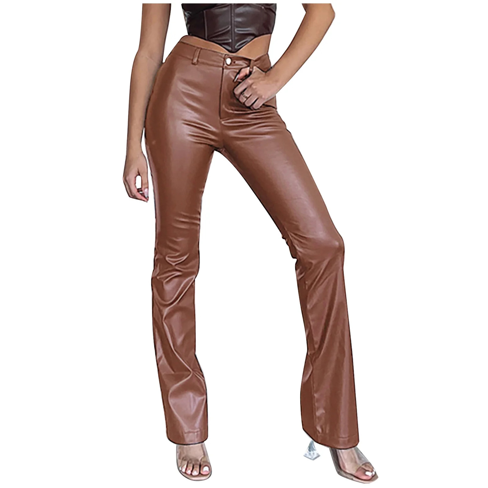 RQYYD Faux Leather Pants for Women High Waist Straight Leg Soft Pu Leather Pants with Pockets Bro... | Walmart (US)