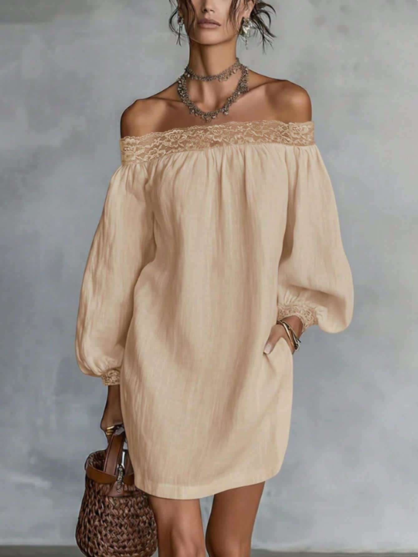 Chic YC Women's Lace Trim Off-Shoulder Long Sleeve Mini Dress Casual S | Zulily