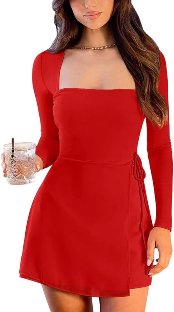 XXTAXN Women‘s Sexy Fall Long Sleeve Square Neck Party Club Bodycon Cool Mini Dress | Amazon (US)