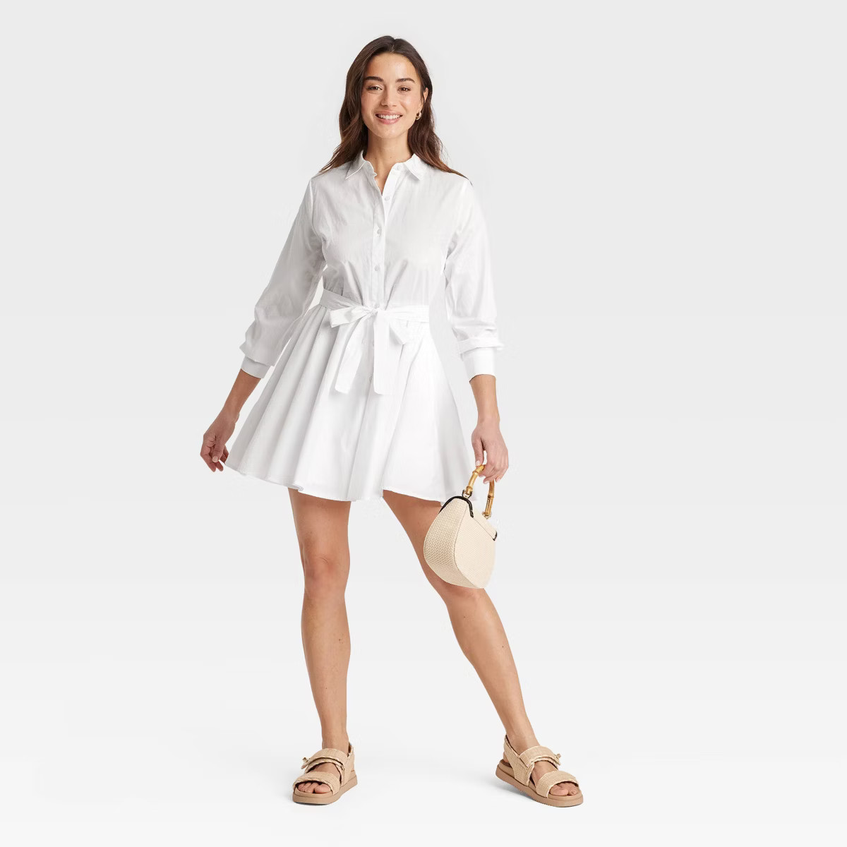 Women's Long Sleeve Mini Shirtdress - A New Day™ Blue Floral S: Cotton Poplin, Front Button Dow... | Target