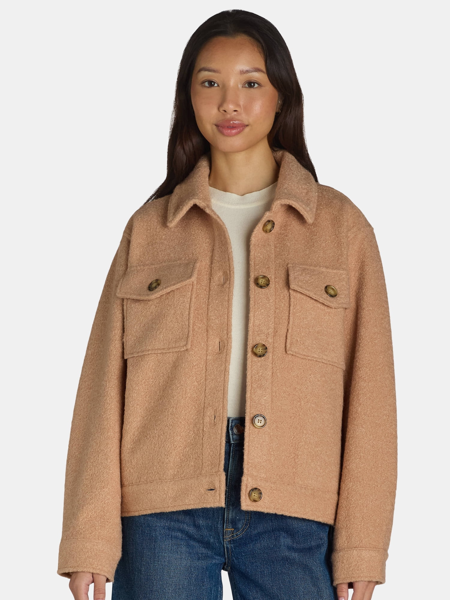 Time and Tru Women's Cropped Boucle Button Down Shacket, Sizes XS–XXXL | Walmart (US)