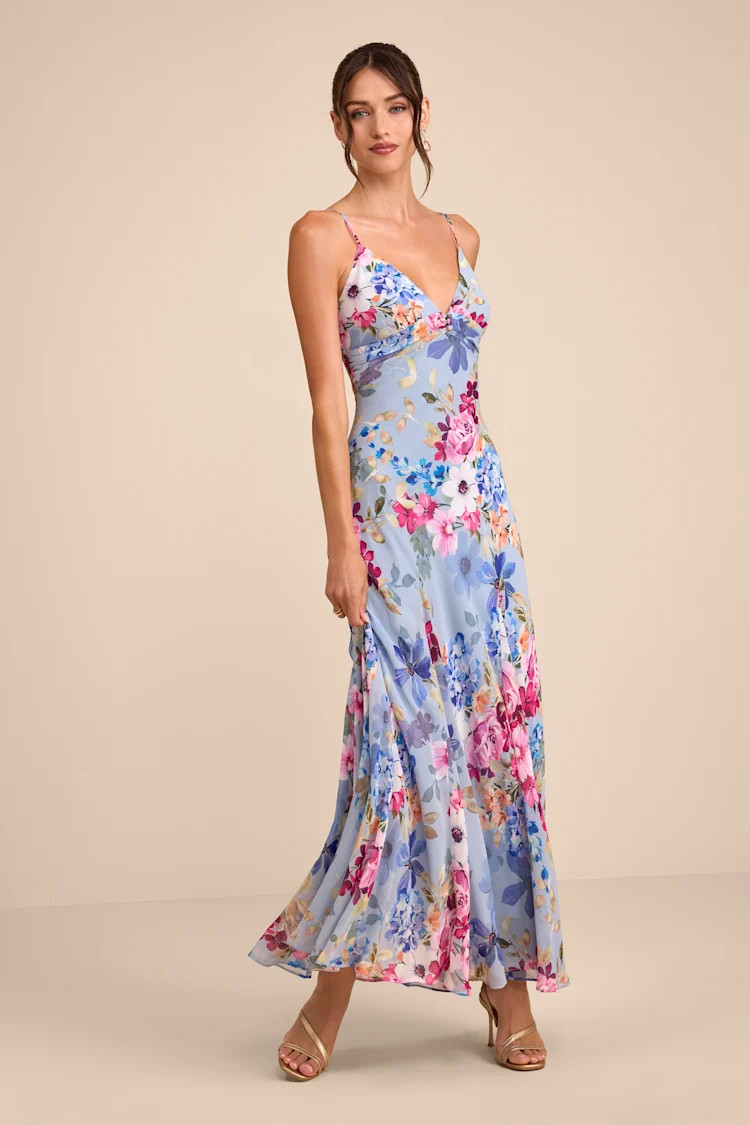 Meleia Light Blue Floral V-Neck Maxi Dress | Blue Floral Dress | Lulus